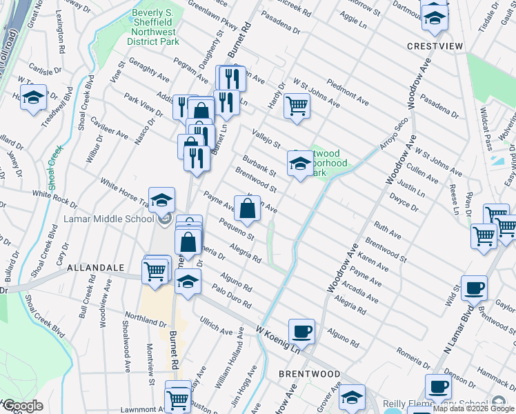 map of restaurants, bars, coffee shops, grocery stores, and more near 1915 Karen Avenue in Austin