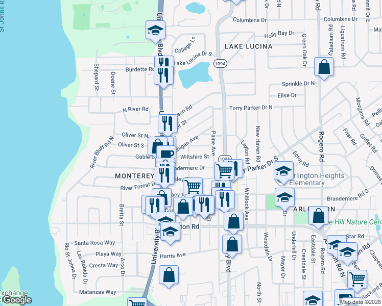 map of restaurants, bars, coffee shops, grocery stores, and more near 1805 Almira Street in Jacksonville