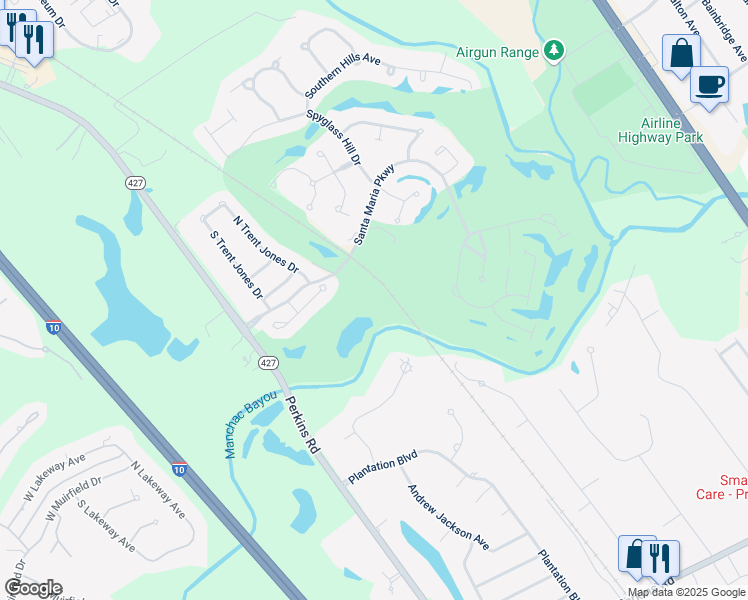 map of restaurants, bars, coffee shops, grocery stores, and more near 18460 Santa Maria Parkway in Baton Rouge
