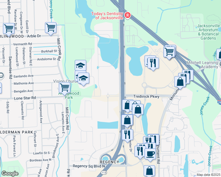 map of restaurants, bars, coffee shops, grocery stores, and more near 9105 Tredinick Parkway in Jacksonville