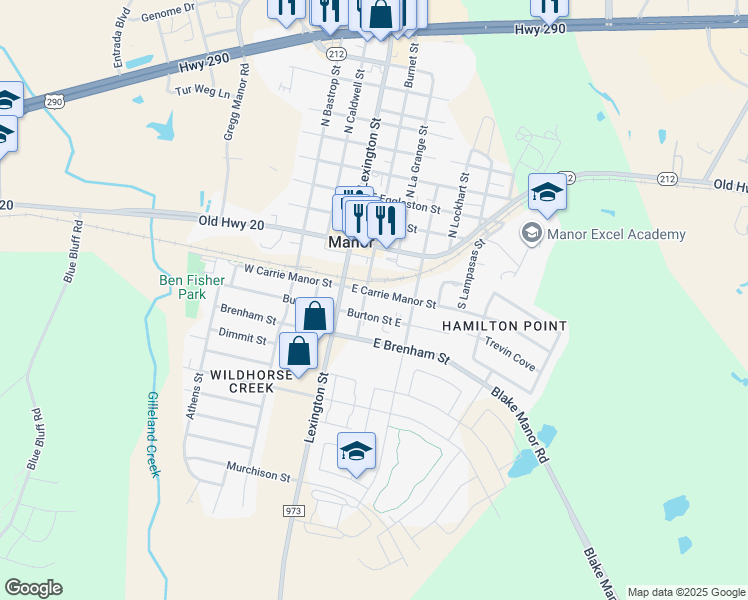 map of restaurants, bars, coffee shops, grocery stores, and more near 202 East Carrie Manor Street in Manor