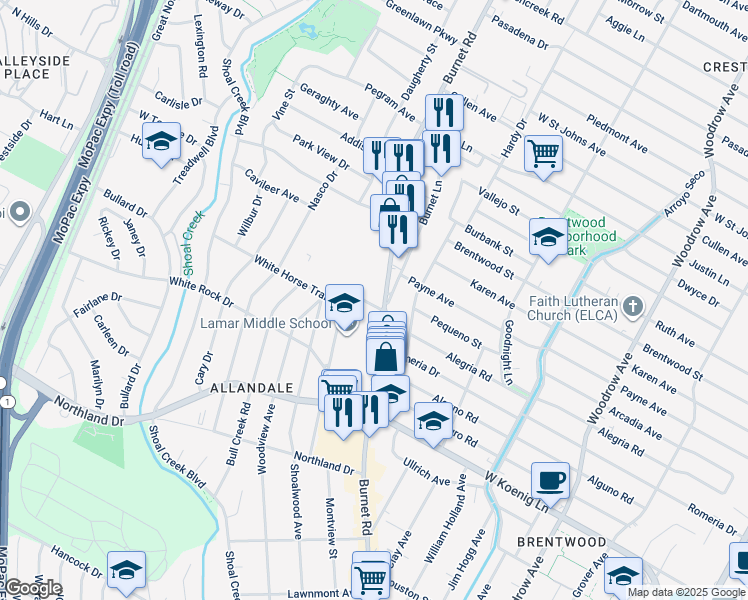 map of restaurants, bars, coffee shops, grocery stores, and more near 2108 White Horse Trail in Austin