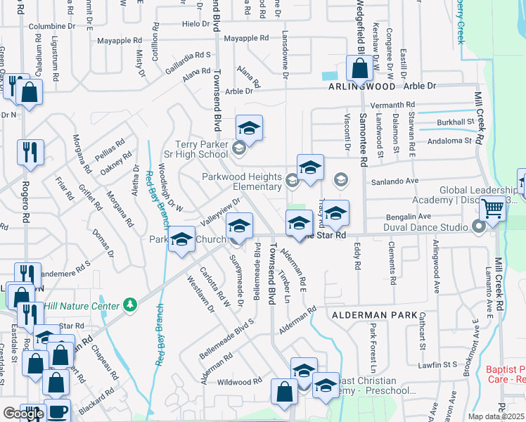 map of restaurants, bars, coffee shops, grocery stores, and more near 1567 Townsend Boulevard in Jacksonville