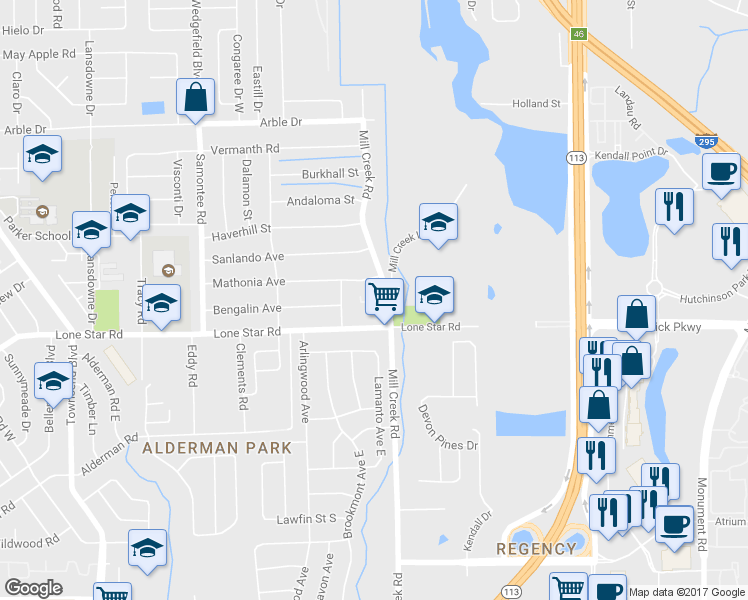 map of restaurants, bars, coffee shops, grocery stores, and more near 1600 Mill Creek Road in Jacksonville