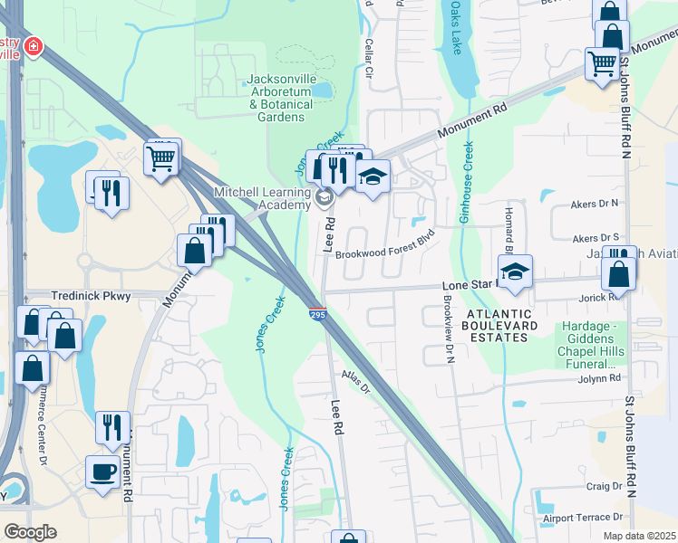 map of restaurants, bars, coffee shops, grocery stores, and more near 1120 West Romaine Circle in Jacksonville