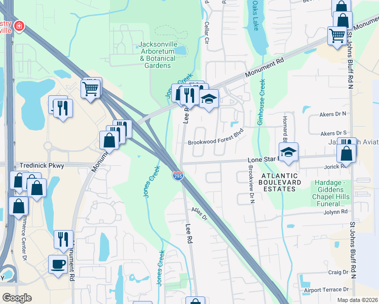 map of restaurants, bars, coffee shops, grocery stores, and more near 1120 West Romaine Circle in Jacksonville