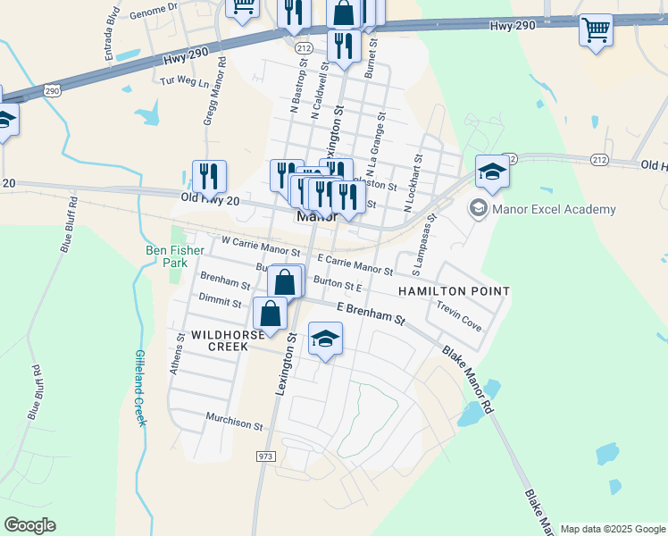 map of restaurants, bars, coffee shops, grocery stores, and more near 202 East Carrie Manor Street in Manor