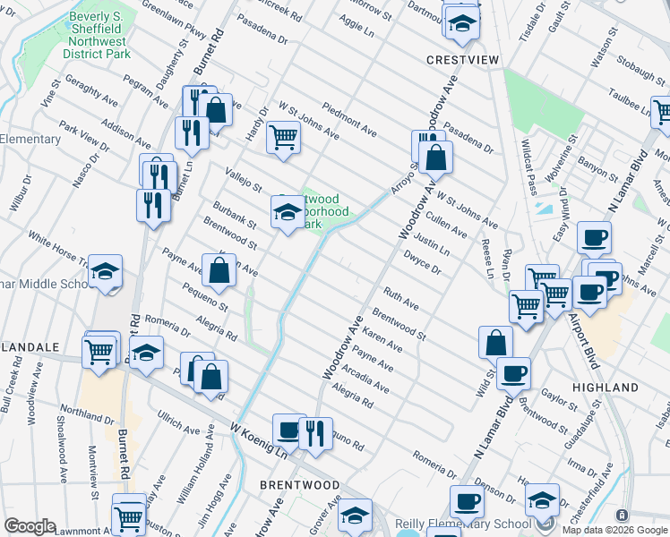 map of restaurants, bars, coffee shops, grocery stores, and more near 1507 Ruth Avenue in Austin