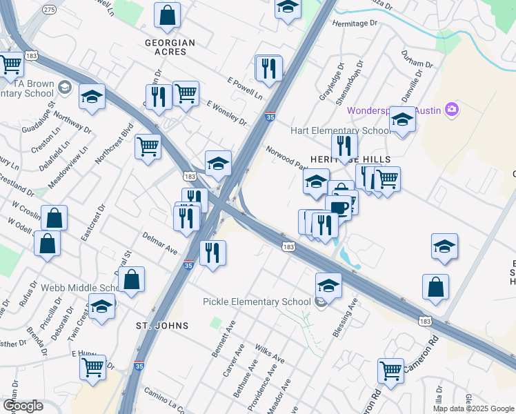 map of restaurants, bars, coffee shops, grocery stores, and more near 844 East Anderson Lane in Austin