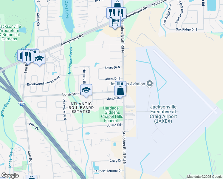 map of restaurants, bars, coffee shops, grocery stores, and more near 1056 Vivian Court in Jacksonville