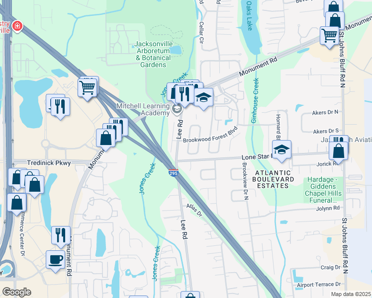 map of restaurants, bars, coffee shops, grocery stores, and more near 1120 West Romaine Circle in Jacksonville