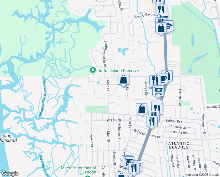 map of restaurants, bars, coffee shops, grocery stores, and more near 1601 Main Street in Atlantic Beach