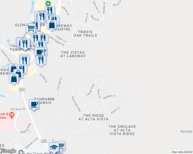 map of restaurants, bars, coffee shops, grocery stores, and more near 112 Lakota Pass in Austin