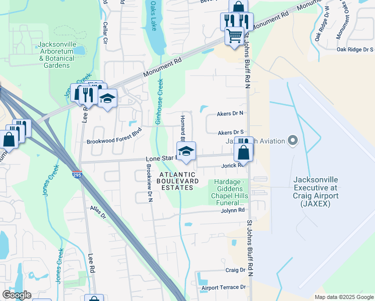 map of restaurants, bars, coffee shops, grocery stores, and more near Brookwood Bluff Road South in Jacksonville