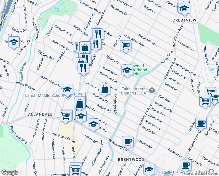 map of restaurants, bars, coffee shops, grocery stores, and more near 1909 Karen Avenue in Austin