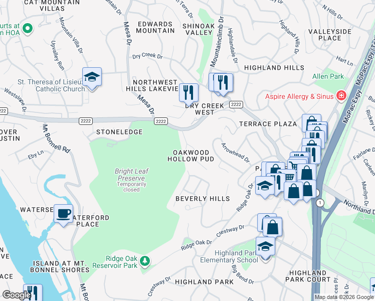 map of restaurants, bars, coffee shops, grocery stores, and more near 5512 Oakwood Cove in Austin