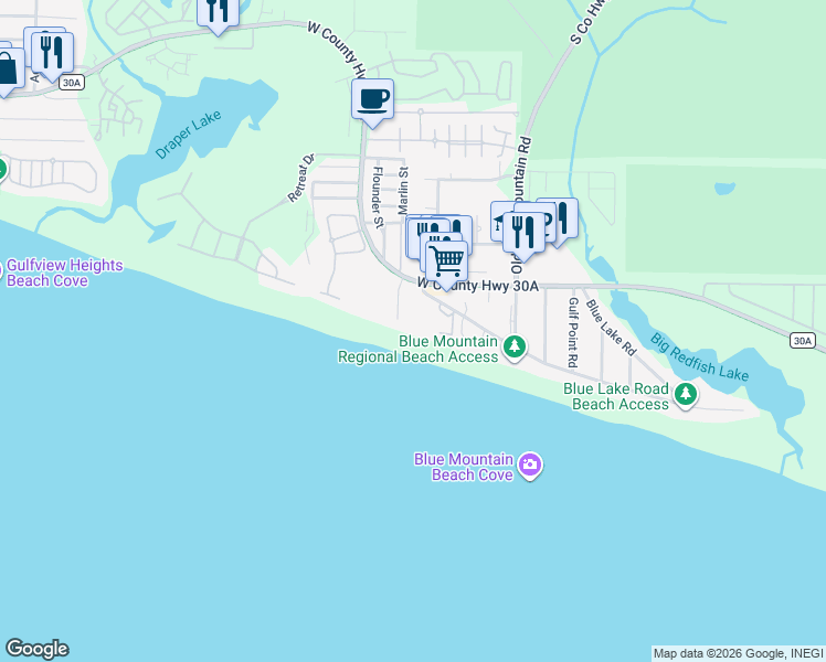 map of restaurants, bars, coffee shops, grocery stores, and more near 2381 County Road 30A in Santa Rosa Beach