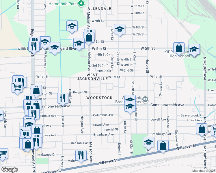 map of restaurants, bars, coffee shops, grocery stores, and more near 1065 Detroit Circle West in Jacksonville