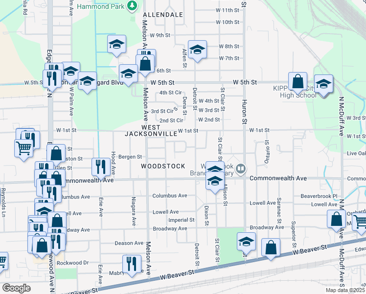 map of restaurants, bars, coffee shops, grocery stores, and more near 1065 Detroit Circle West in Jacksonville