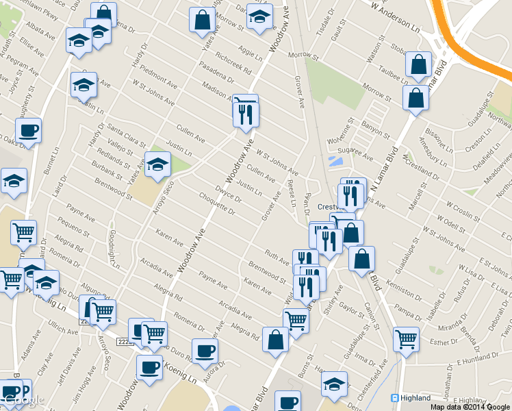 map of restaurants, bars, coffee shops, grocery stores, and more near 1206 Dwyce Drive in Austin