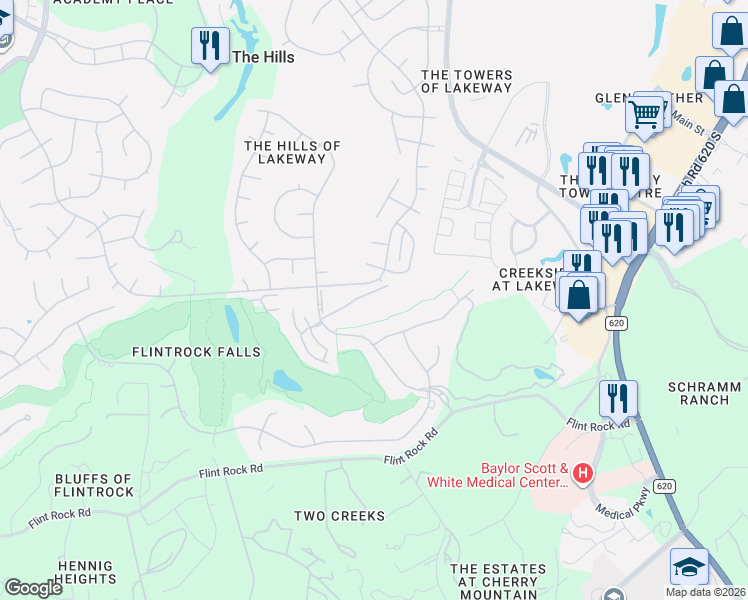 map of restaurants, bars, coffee shops, grocery stores, and more near 106 The Hills Drive in The Hills