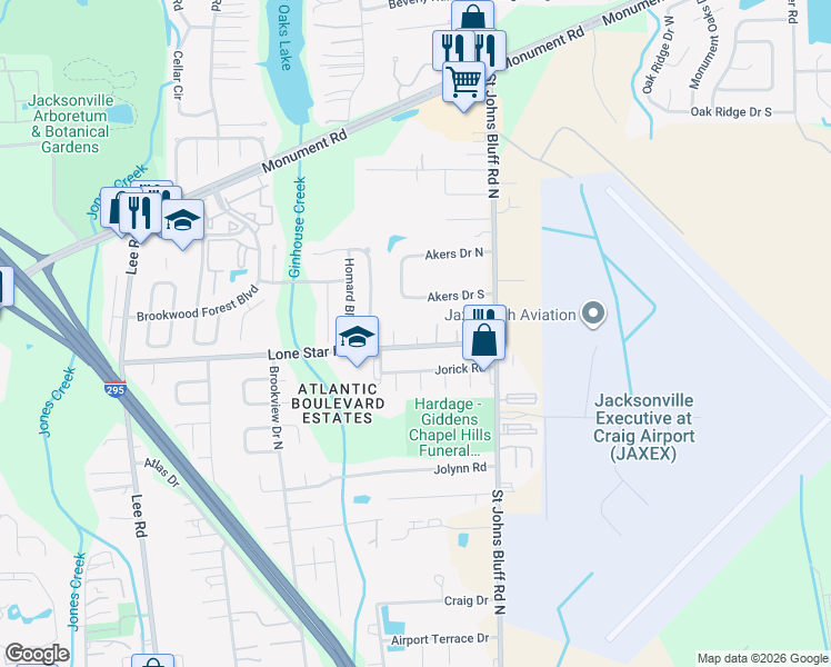 map of restaurants, bars, coffee shops, grocery stores, and more near 10549 Lone Star Road in Jacksonville