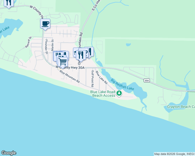 map of restaurants, bars, coffee shops, grocery stores, and more near 10 Sea Oates Road in Santa Rosa Beach