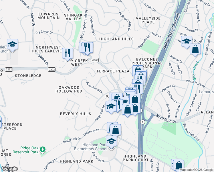 map of restaurants, bars, coffee shops, grocery stores, and more near 5605 Ridge Oak Drive in Austin