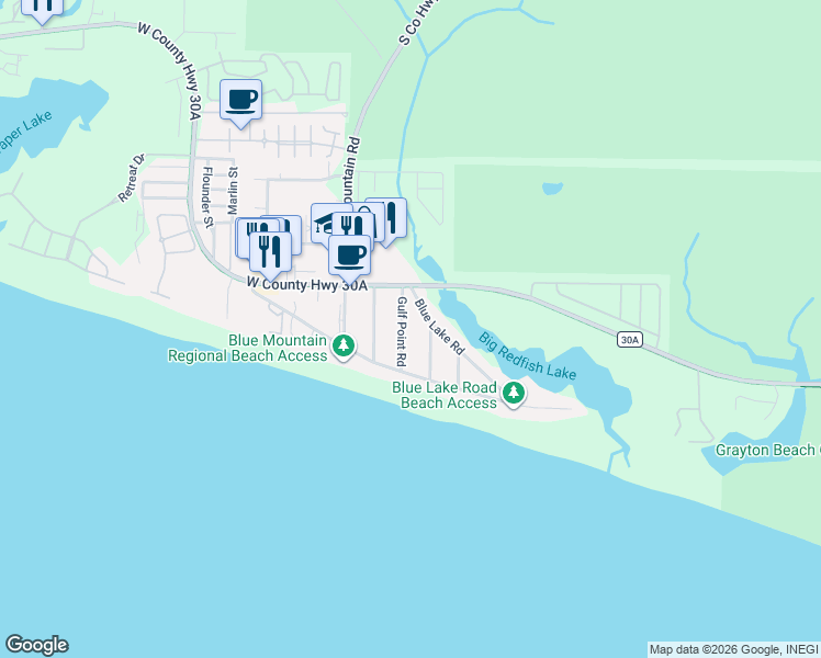 map of restaurants, bars, coffee shops, grocery stores, and more near 98 Gulf Point Road in Santa Rosa Beach