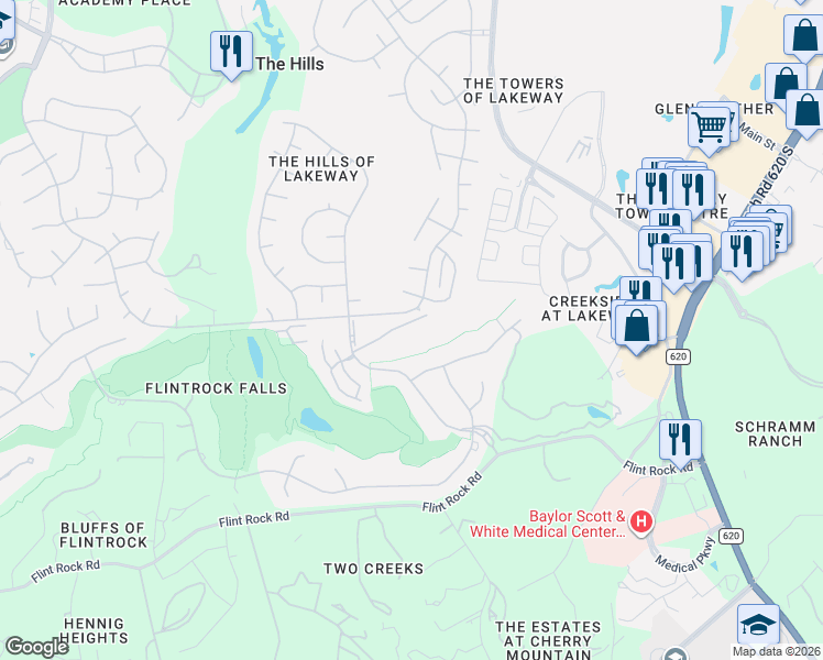 map of restaurants, bars, coffee shops, grocery stores, and more near 106 The Hills Drive in The Hills