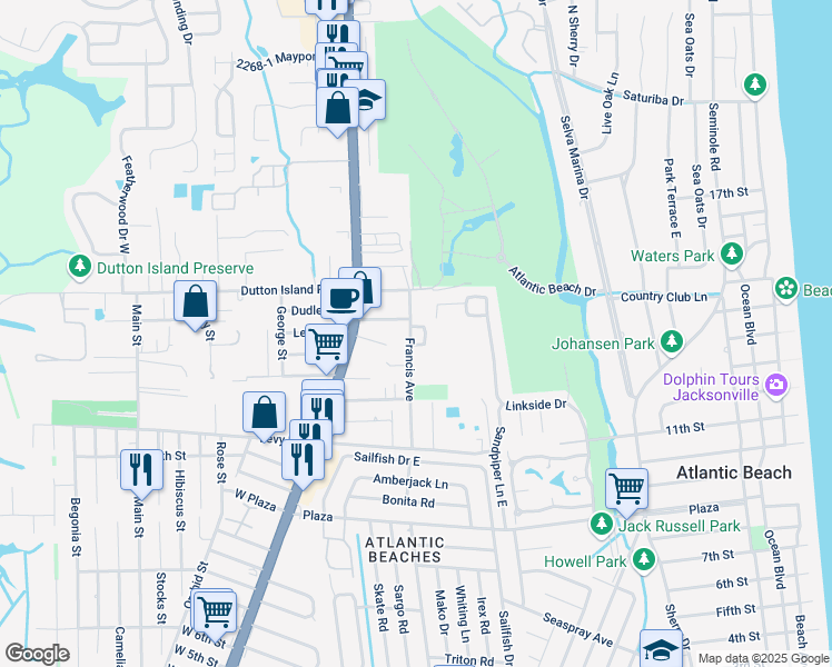 map of restaurants, bars, coffee shops, grocery stores, and more near 1931 Francis Avenue in Atlantic Beach