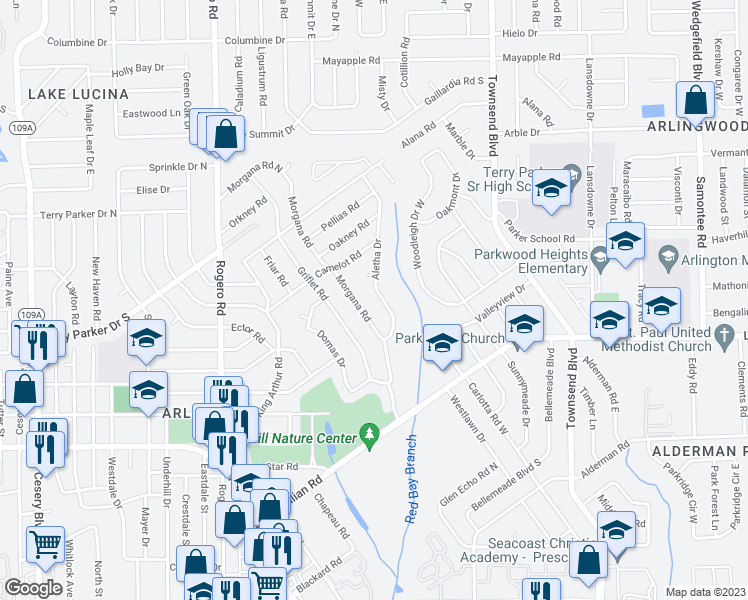 map of restaurants, bars, coffee shops, grocery stores, and more near 1460 Aletha Drive in Jacksonville