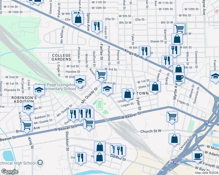 map of restaurants, bars, coffee shops, grocery stores, and more near 1044 Powhattan Street in Jacksonville