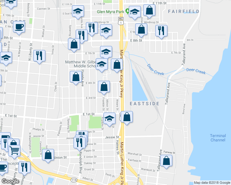 map of restaurants, bars, coffee shops, grocery stores, and more near 1328 Weare Street in Jacksonville