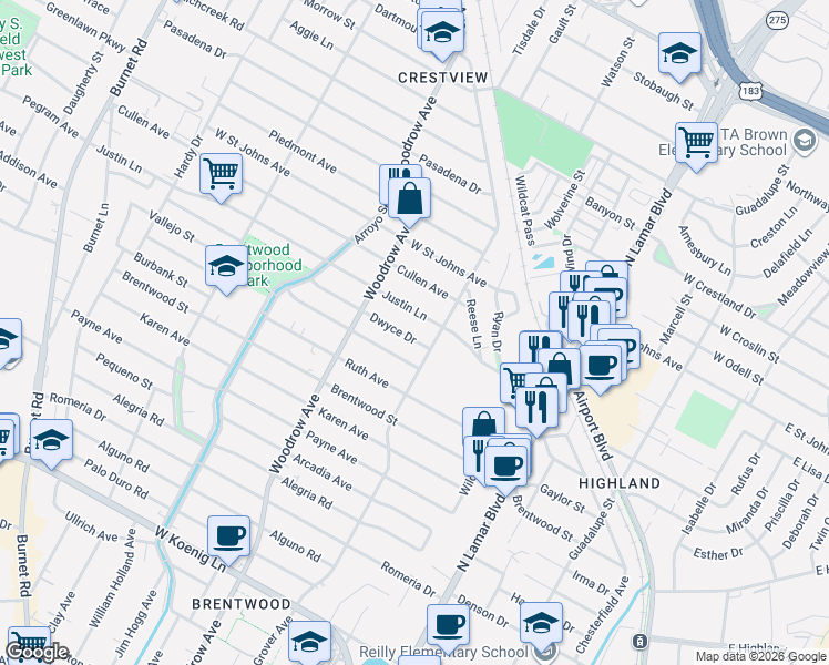 map of restaurants, bars, coffee shops, grocery stores, and more near 1206 Dwyce Drive in Austin