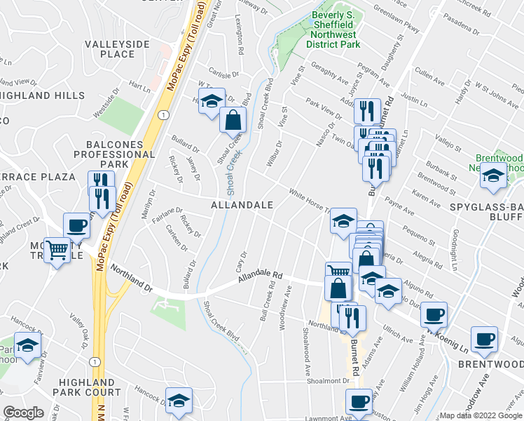 map of restaurants, bars, coffee shops, grocery stores, and more near 6101 Cary Drive in Austin