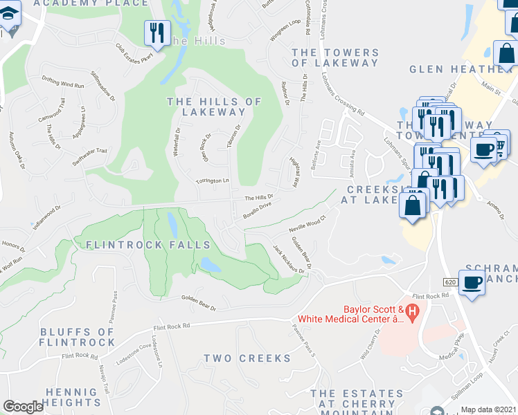 map of restaurants, bars, coffee shops, grocery stores, and more near 13 Borello Drive in Lakeway