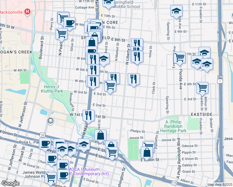 map of restaurants, bars, coffee shops, grocery stores, and more near 215 East 3rd Street in Jacksonville