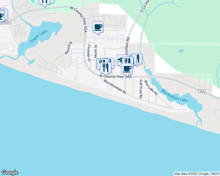 map of restaurants, bars, coffee shops, grocery stores, and more near 30 South Grande Beach Drive in Santa Rosa Beach