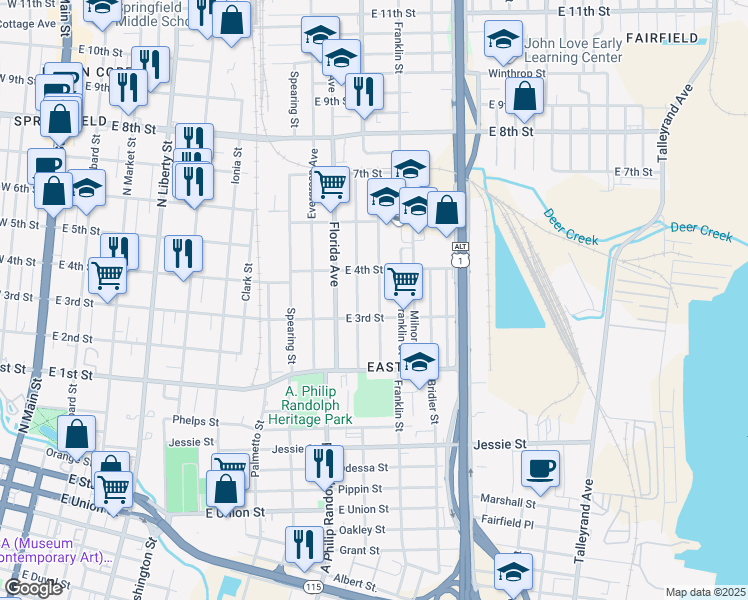 map of restaurants, bars, coffee shops, grocery stores, and more near 1328 Harrison Street in Jacksonville