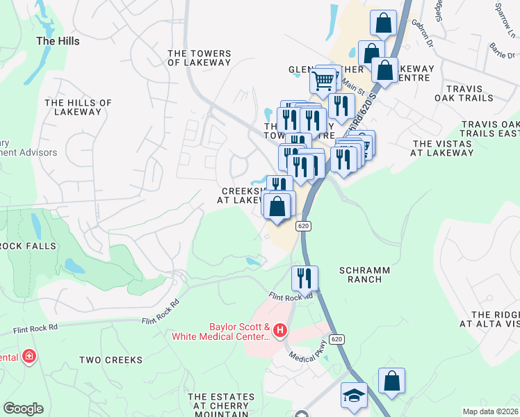 map of restaurants, bars, coffee shops, grocery stores, and more near 2050 Lohmans Spur in Lakeway