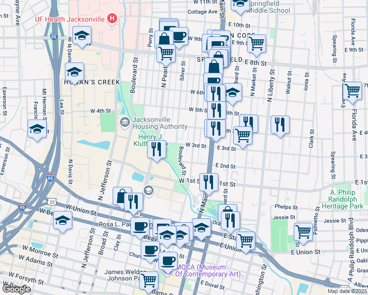 map of restaurants, bars, coffee shops, grocery stores, and more near 1247 Boulevard in Jacksonville