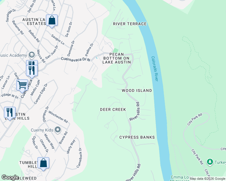 map of restaurants, bars, coffee shops, grocery stores, and more near 2212 River Hills Road in Austin
