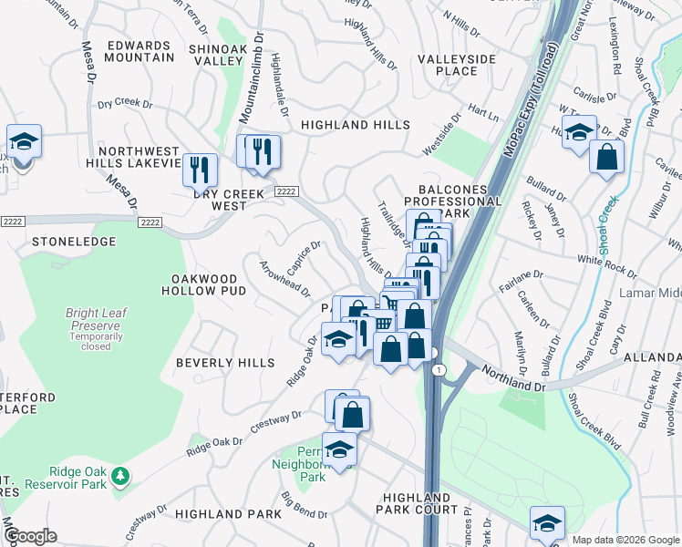 map of restaurants, bars, coffee shops, grocery stores, and more near 3505 Lakeland Drive in Austin