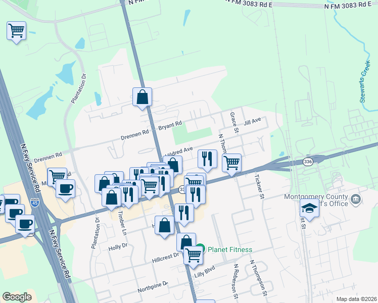 map of restaurants, bars, coffee shops, grocery stores, and more near 701 Hildred Avenue in Conroe