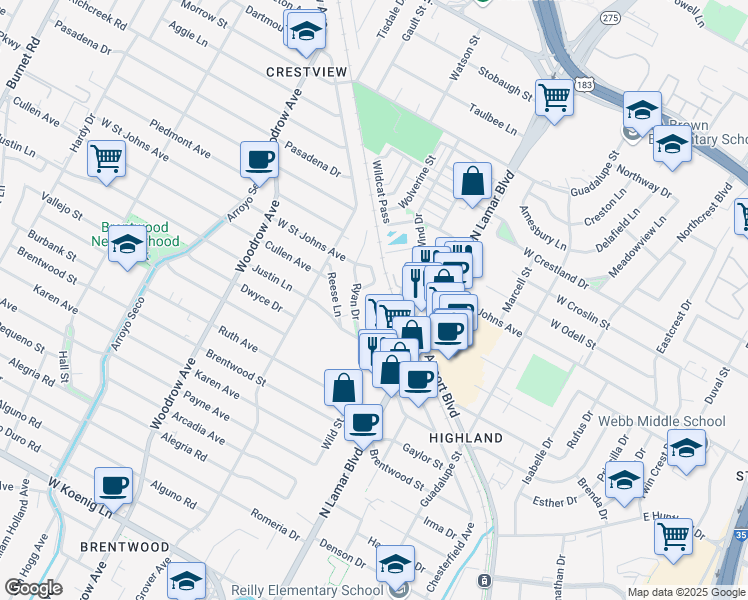 map of restaurants, bars, coffee shops, grocery stores, and more near 6935 Ryan Drive in Austin