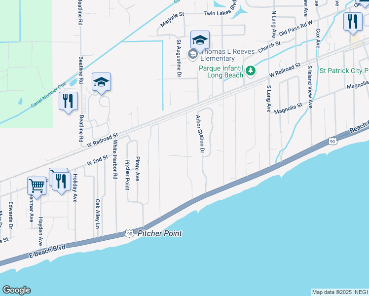 map of restaurants, bars, coffee shops, grocery stores, and more near 114 Marcie Drive in Long Beach