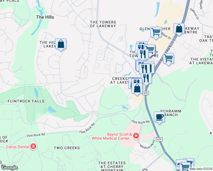 map of restaurants, bars, coffee shops, grocery stores, and more near 224 Neville Wood Court in Austin
