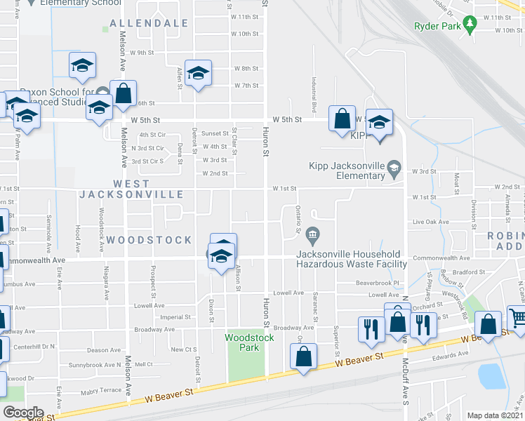 map of restaurants, bars, coffee shops, grocery stores, and more near 1066 Huron Street in Jacksonville