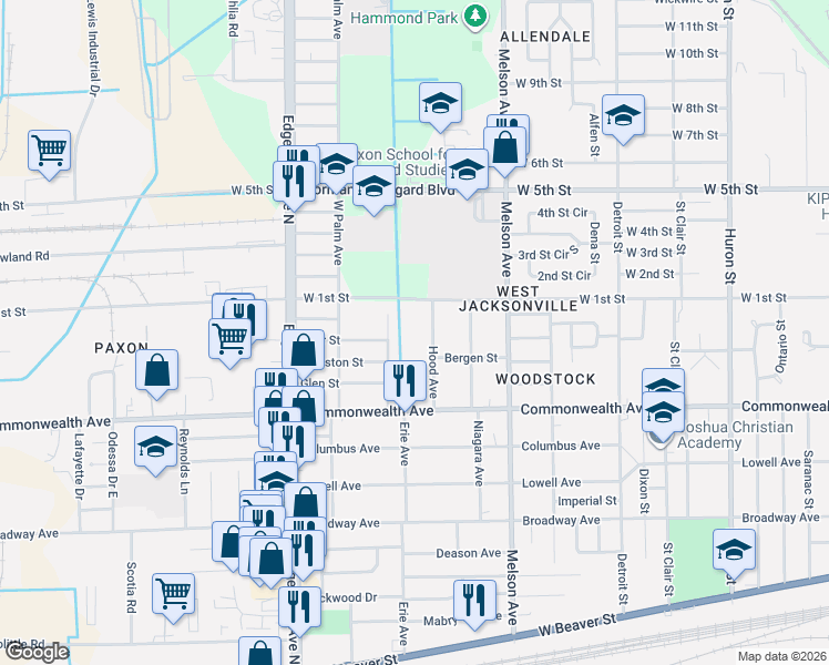 map of restaurants, bars, coffee shops, grocery stores, and more near 1066 Hood Avenue in Jacksonville